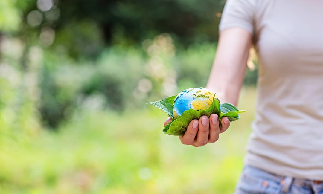 Ręce trzymające globus z liśćmi